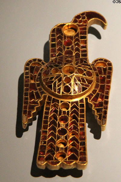 Byzantine / Ostrogoth eagle-shaped fibula jewel (c500 CE) symbol of Roman power with a cross at Germanisches Nationalmuseum. Nuremberg, Germany.
