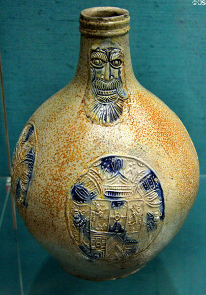 Stoneware Bartmanns jug decorated with blue (early 17thC) from Frechen at Germanisches Nationalmuseum. Nuremberg, Germany.