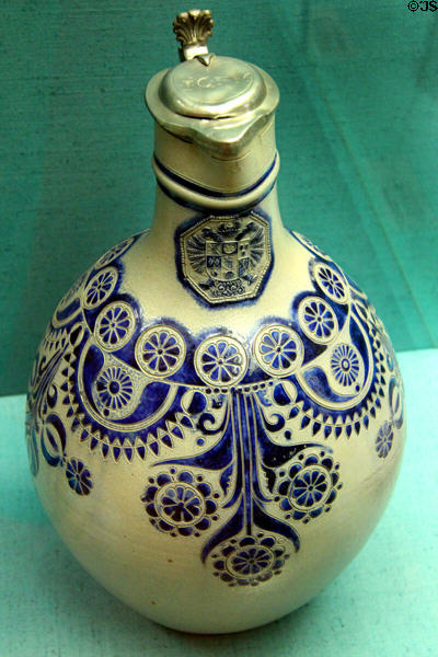 Stoneware flask with pewter cover & blue pattern (1662) from Westerwald at Germanisches Nationalmuseum. Nuremberg, Germany.