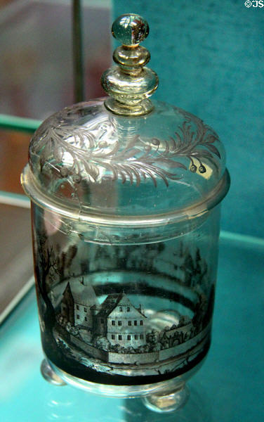Glass covered beaker on ball feet engraved with scene of Nuremberg (c1680) from Hessen? at Germanisches Nationalmuseum. Nuremberg, Germany.