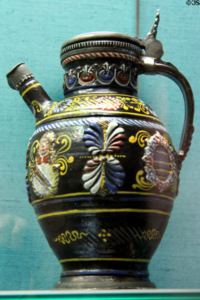 Enameled earthenware jug with spout (end 17thC) from Annaberg, Saxony at Germanisches Nationalmuseum. Nuremberg, Germany.