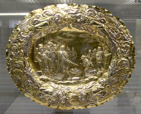 Silver partly gilt display dish (1663-6) by Christian I. Hornung from Augsburg at Germanisches Nationalmuseum. Nuremberg, Germany.