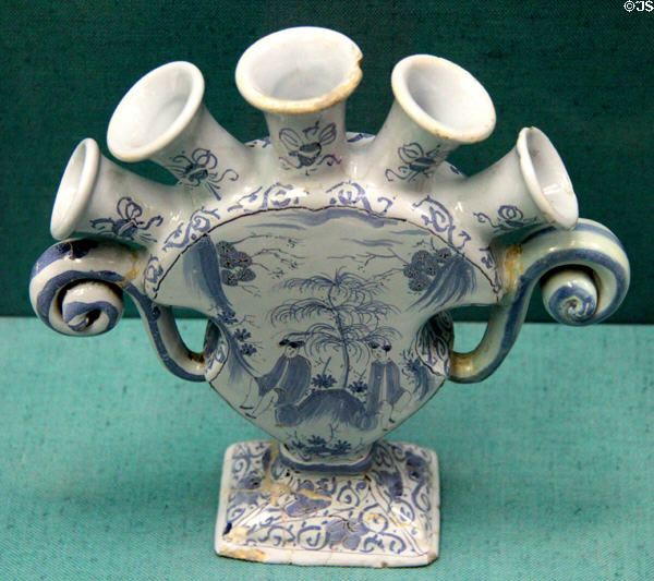 Faience vase with five spouts painted blue Chinese-style scene (1710-30) from Ansbach at Germanisches Nationalmuseum. Nuremberg, Germany.