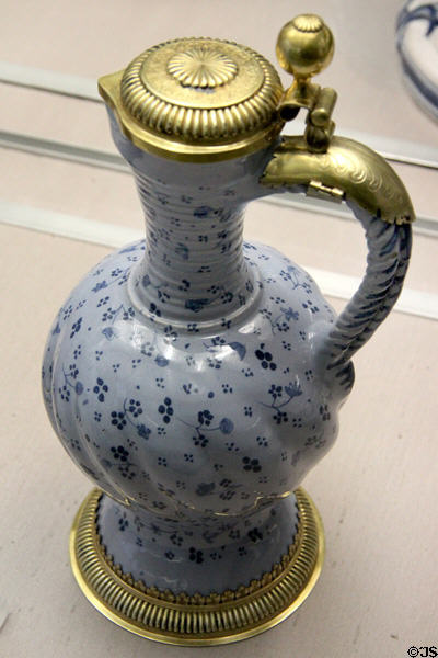Faience narrow-necked jug with silver gilt mounts (c1715) from Nuremberg at Germanisches Nationalmuseum. Nuremberg, Germany.