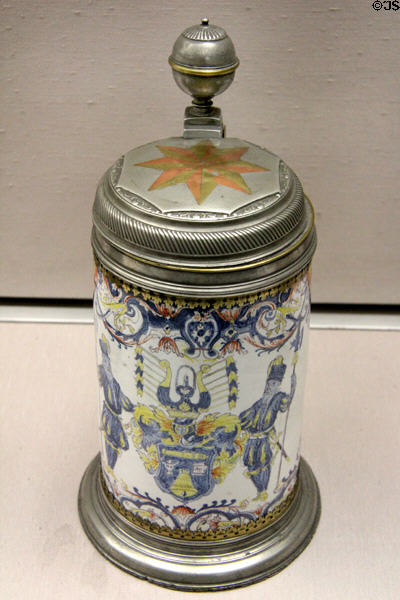 Faience tankard with pewter mounts (1719) from Dorotheental at Germanisches Nationalmuseum. Nuremberg, Germany.