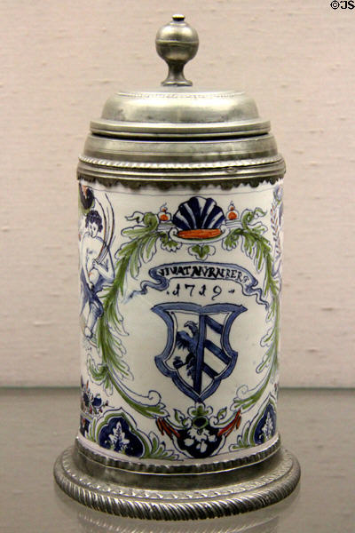 Faience tankard with pewter mounts (1719) from Dorotheental at Germanisches Nationalmuseum. Nuremberg, Germany.
