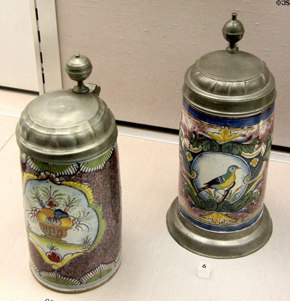 Faience tankards with pewter mounts (1730-50) from Erfurt? at Germanisches Nationalmuseum. Nuremberg, Germany.