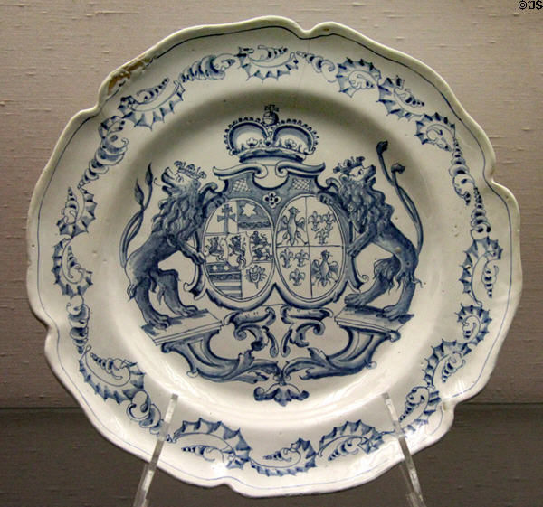 Faience plate with merged coat of arms of married couple (c1750) from Göggingen at Germanisches Nationalmuseum. Nuremberg, Germany.