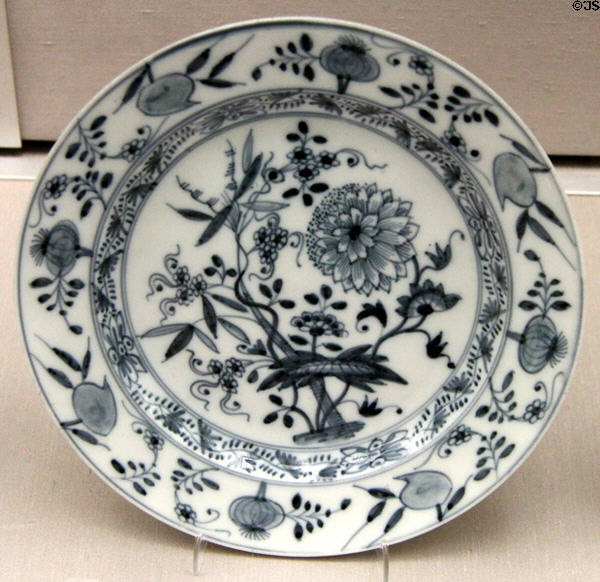 Porcelain blue onion pattern plate (c1730) by Meissen at Germanisches Nationalmuseum. Nuremberg, Germany.