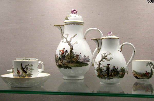 Porcelain coffee & tea service with hunting scenes (c1770-4) painted by C.F. Kühnel for Meissen Porcelain at Germanisches Nationalmuseum. Nuremberg, Germany.