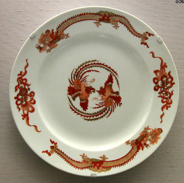 Porcelain red dragon dish from set of Royal Court Confectionary Dresden (c1780) by Meissen Porcelain at Germanisches Nationalmuseum. Nuremberg, Germany.