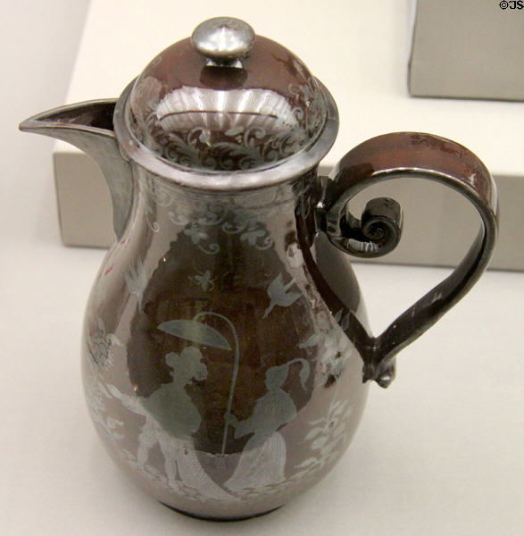Faience brown coffee pot painted with silver Chinese scene (c1735) from Bayreuth at Germanisches Nationalmuseum. Nuremberg, Germany.