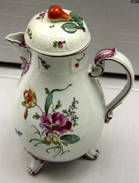 Porcelain coffee pot painted with flowers (c1765-70) by Gottlob Friedrich Riedel for Ludwigsburg at Germanisches Nationalmuseum. Nuremberg, Germany.