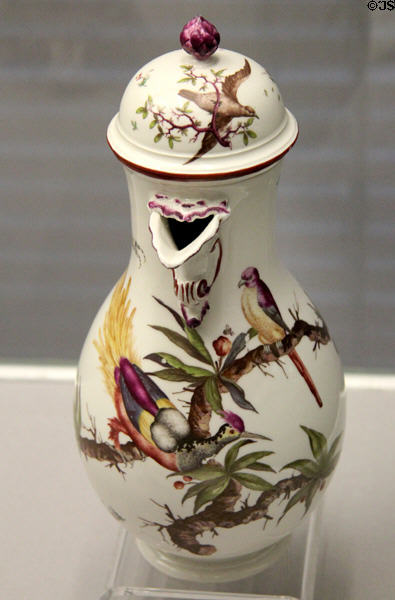 Porcelain coffee pot painted with birds (c1760) from Frankenthal at Germanisches Nationalmuseum. Nuremberg, Germany.