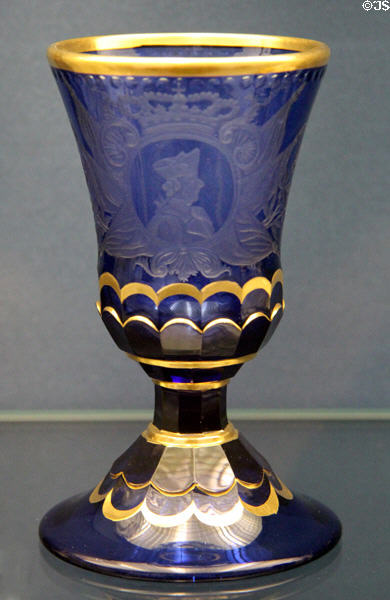 Gilded blue glass goblet engraved with profile of Frederick the Great (c1750) from Potsdam at Germanisches Nationalmuseum. Nuremberg, Germany.