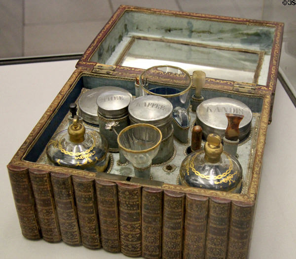 Glass tea & coffee set in wood box decorated like leather books (end 18thC) by Adam Vaugeois of Paris at Germanisches Nationalmuseum. Nuremberg, Germany.
