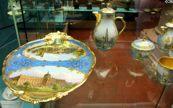 Porcelain coffee & tea service with views of Potsdam (c1873) by KPM of Berlin at Germanisches Nationalmuseum. Nuremberg, Germany.