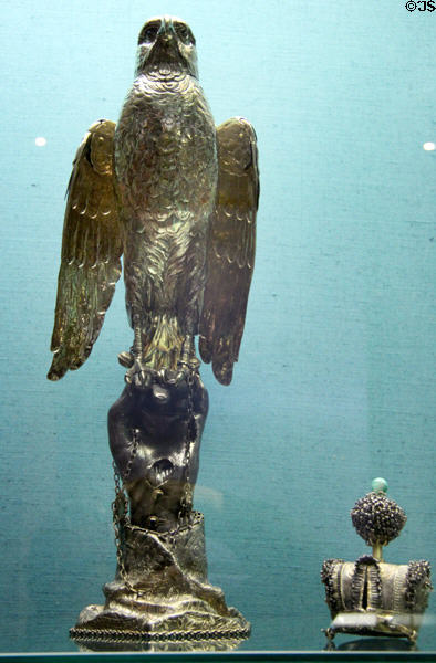 Silver falcon goblet (1906) by Theodor Heiden of Munich at Germanisches Nationalmuseum. Nuremberg, Germany.