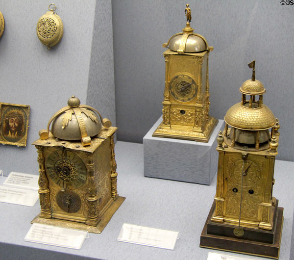 Tower-shaped clocks (mid 16th- early 17thC) from southern Germany at Germanisches Nationalmuseum. Nuremberg, Germany.