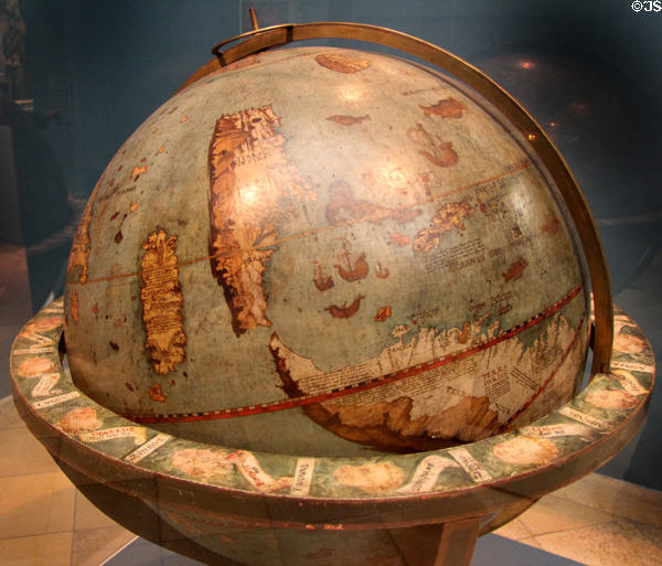 Earth globe, one of first to show America (1520) by Johannes Schöner of Bamberg at Germanisches Nationalmuseum. Nuremberg, Germany.