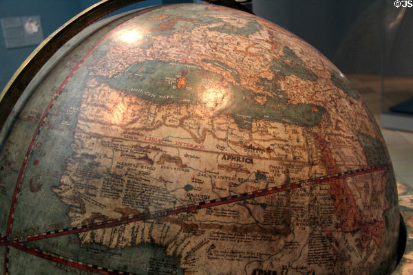 Earth globe section of Europe & Africa (1520) by Johannes Schöner of Bamberg at Germanisches Nationalmuseum. Nuremberg, Germany.