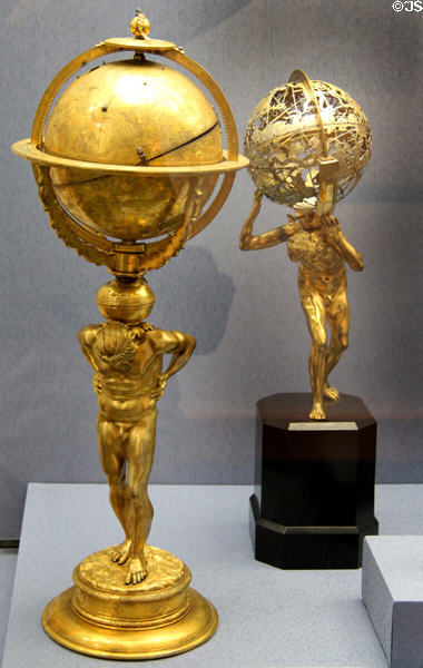 Two celestial spheres supported by Atlas figures (1726 & 17th or 18thC) at Germanisches Nationalmuseum. Nuremberg, Germany.