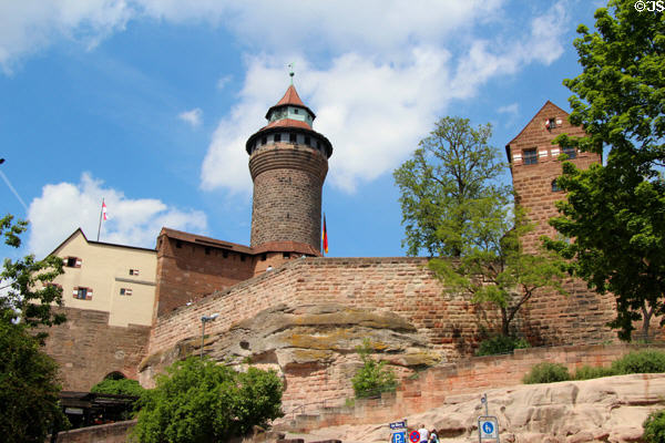 Sinwell Tower above defensive walls of Imperial Castle. Nuremberg, Germany.