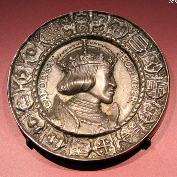 Medal of Karl V (early 1500s) after painting by Albrecht Dürer at Imperial Castle. Nuremberg, Germany.
