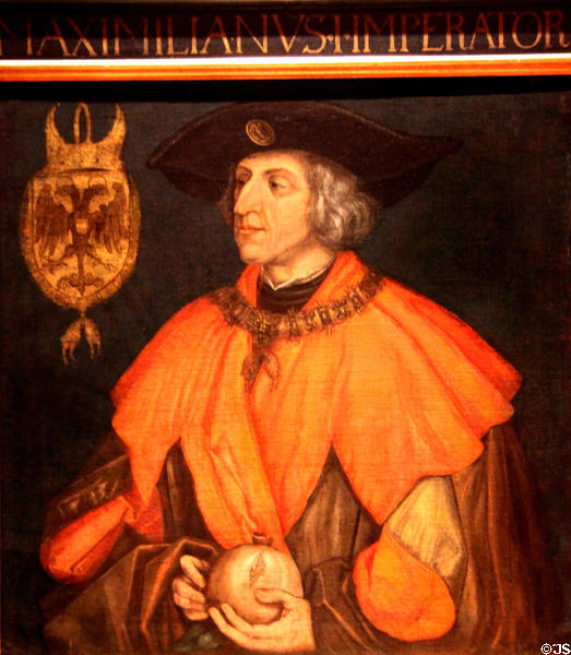 Portrait of Kaiser Maximilian I (1519) by Paul Juvenell the Younger at Albrecht Dürer's House. Nuremberg, Germany.