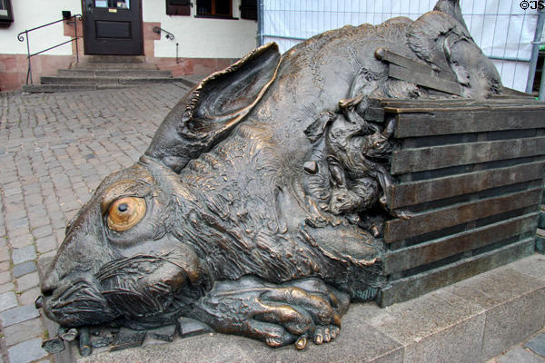 Side view of Der Hase rabbit sculpture showing baby rabbits(1984) by Jürgen Goertz. Nuremberg, Germany.