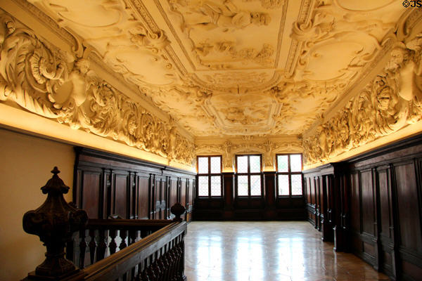 Hall with Baroque stucco ceiling (1674) sculpted with classical scenes at Fembohaus City Museum. Nuremberg, Germany.
