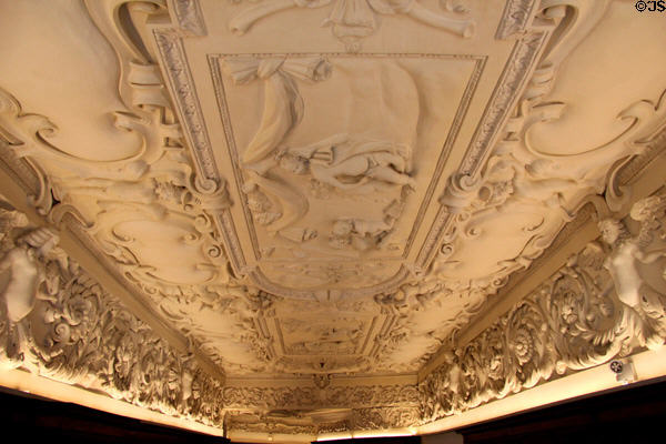 Sculpted Baroque hall ceiling (1674) at Fembohaus City Museum. Nuremberg, Germany.