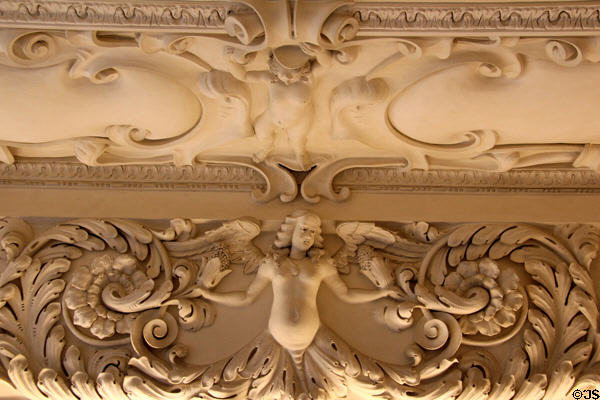 Winged creatures on Baroque sculpted hall ceiling (1674) at Fembohaus City Museum. Nuremberg, Germany.