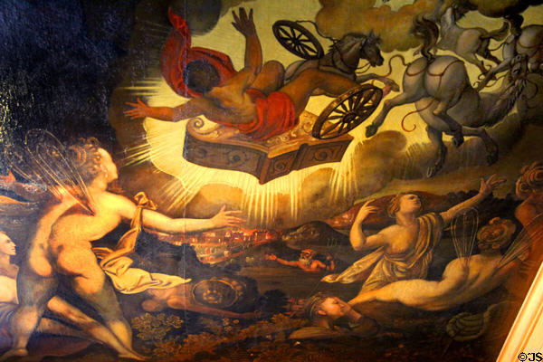 Ceiling painting of myth of Phaethon, who took his father's (Helios') sun chariot, lost control of the horses, & perished at Fembohaus City Museum. Nuremberg, Germany.