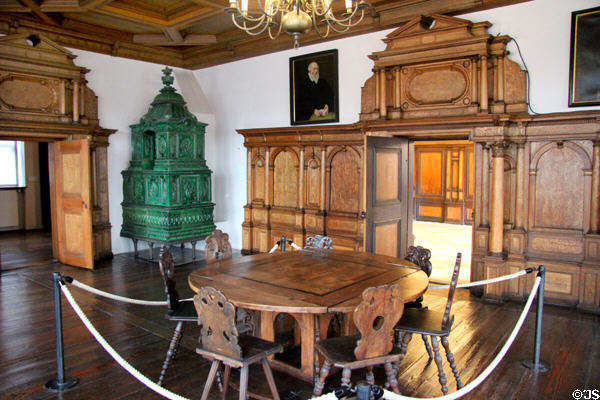 Beautiful room from Pellerhaus (c1605) with tile room stove & wood paneling at Fembohaus City Museum. Nuremberg, Germany.