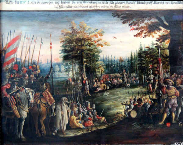 Camp of Nuremberg before the Battle of Pillenreuth on March 11, 1450 painting (mid 16thC) at Fembohaus City Museum. Nuremberg, Germany.
