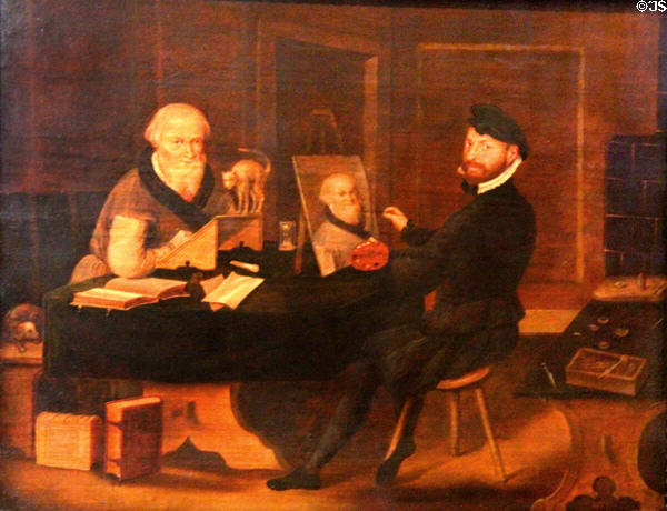 Andreas Herneisen paints his friend Hans Sachs painting (c1600) by unknown at Fembohaus City Museum. Nuremberg, Germany.
