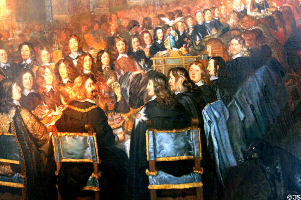 Detail of Nuremberg peace banquet to end Thirty Years' War painting (1649-50) by Joachim von Sandrart at Fembohaus City Museum. Nuremberg, Germany.
