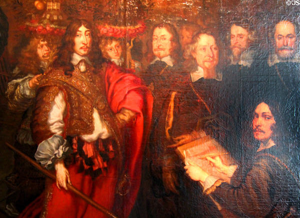 Detail of King of Sweden at Nuremberg peace banquet to end Thirty Years' War painting (1649-50) by Joachim von Sandrart at Fembohaus City Museum. Nuremberg, Germany.