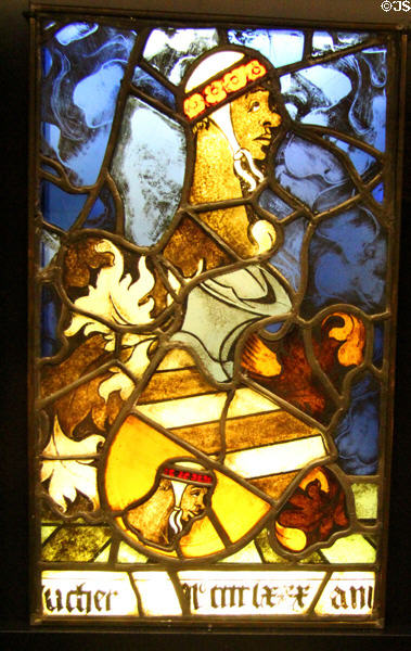 Tucher coat of arms on stained glass window (1480) at Tucher Mansion Museum. Nuremberg, Germany.