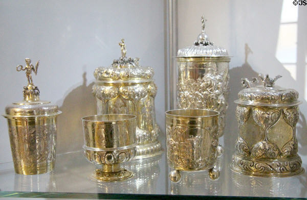 Silver vessels (16th-17thC) made in Nuremberg at Tucher Mansion Museum. Nuremberg, Germany.