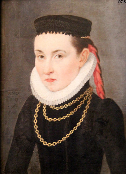 Young woman in festive gown painting (1592) by Lorenz Strauch at Tucher Mansion Museum. Nuremberg, Germany.