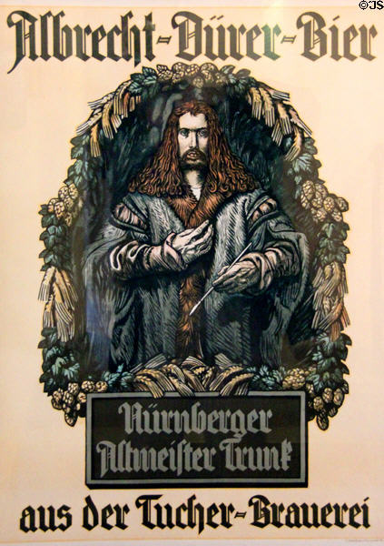 Albrecht Dürer Beer advertising poster (1928) by Tucher Brewery at Tucher Mansion Museum. Nuremberg, Germany.
