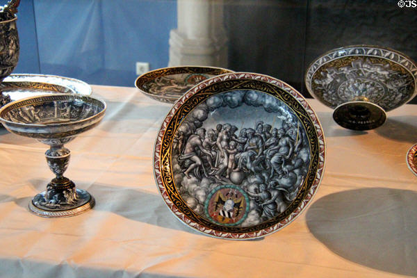 Footed ceramic dished painted with classical scenes at Tucher Mansion Museum. Nuremberg, Germany.