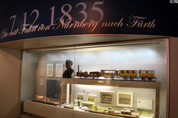 Souvenirs of first German rail trip (1835) between Nuremberg & Fürth pulled by locomotive Adler at Nuremberg Transport Museum. Nuremberg, Germany.