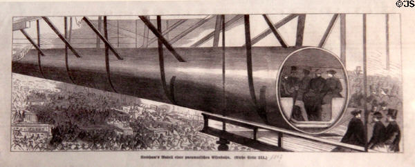Graphic (1867) of failed idea Reedham to build pneumatic railroad at Nuremberg Transport Museum. Nuremberg, Germany.