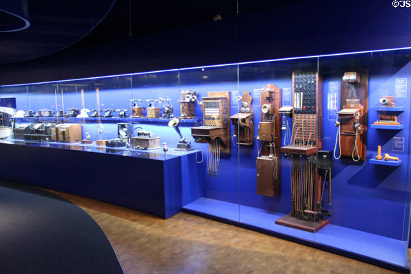 Gallery of telephones & gramophones at Museum of Communications in Nuremberg Transport Museum. Nuremberg, Germany.