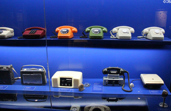 Gallery of telephones & radios at Museum of Communications in Nuremberg Transport Museum. Nuremberg, Germany.