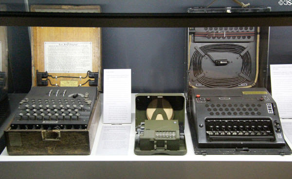 Enigma (1941) & derivative encryption machines at Museum of Communications in Nuremberg Transport Museum. Nuremberg, Germany.