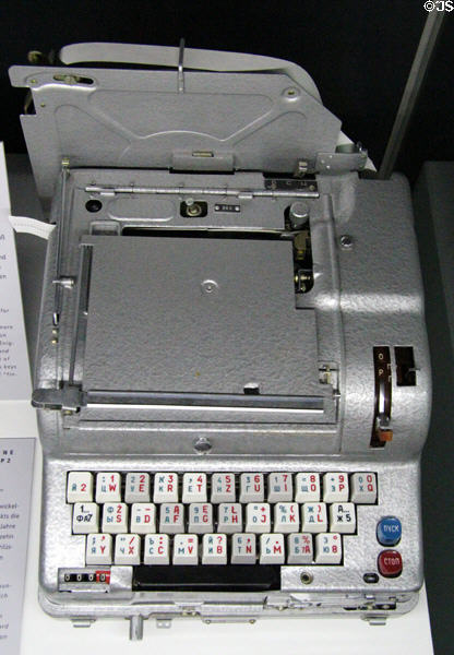 Fialka encryption machine (1972) used by Warsaw Pact countries based on Enigma Machine but with up to 10 cylinders at Museum of Communications in Nuremberg Transport Museum. Nuremberg, Germany.